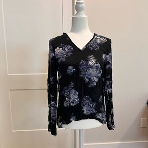 Tibi Black and Purple Floral V-Neck Blouse